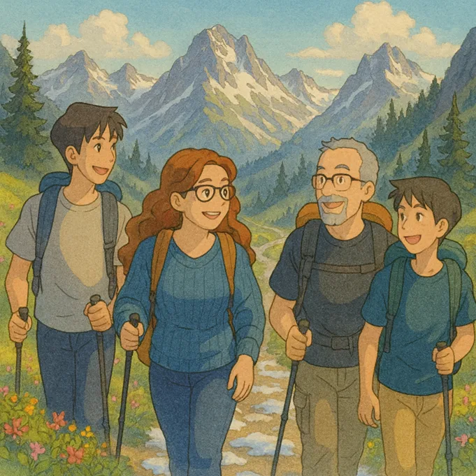 A small group of hikers on a mountain trail.